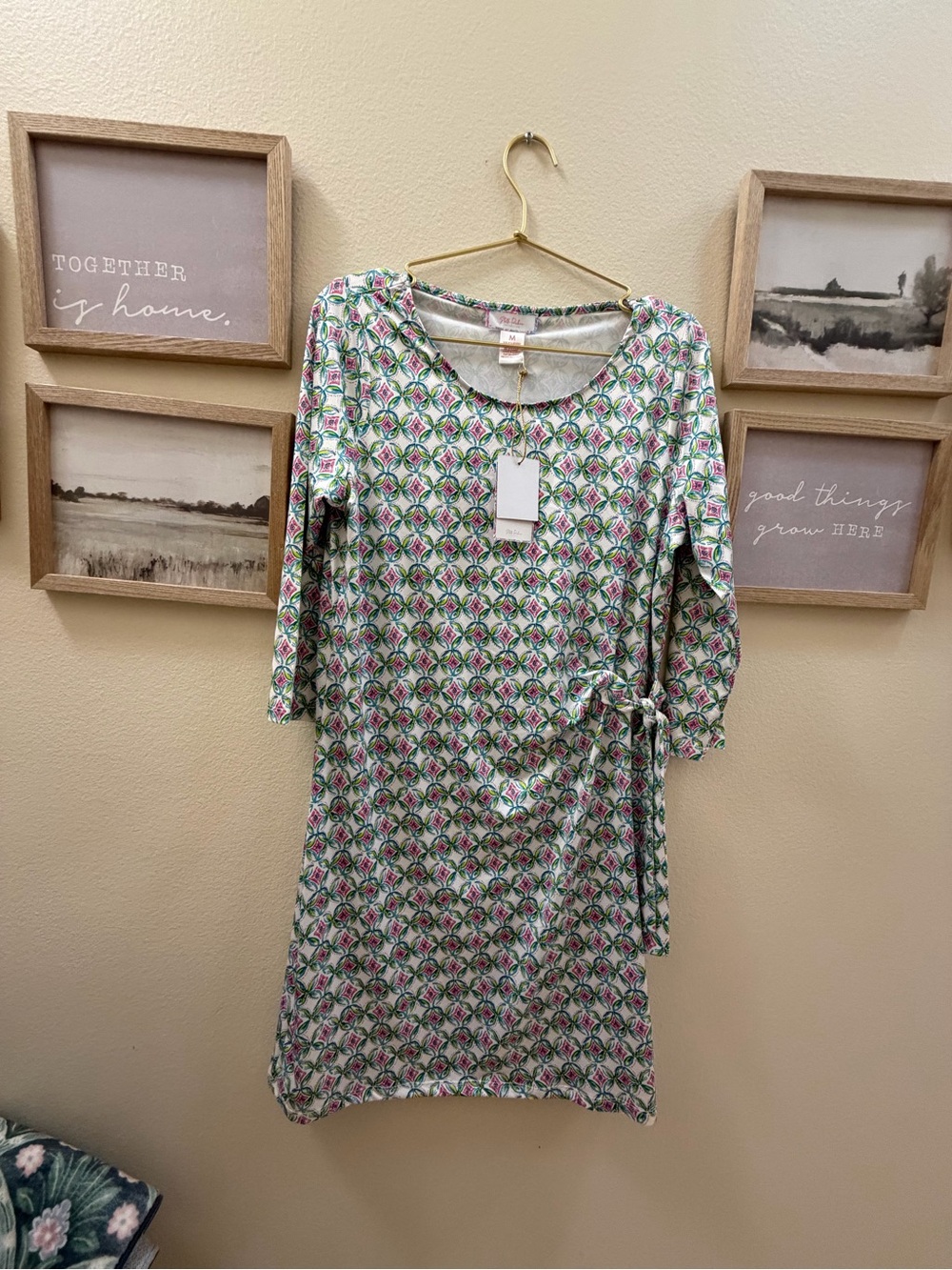 Women's Floral Tie-Waist Dress - White with Pink & Green